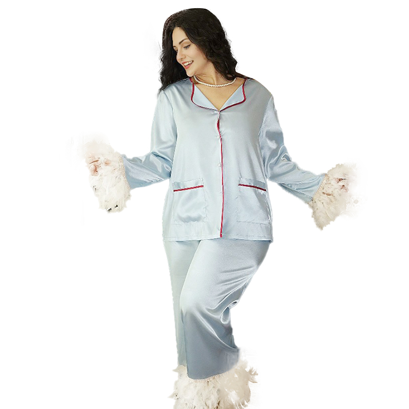 New Women's Spring/Fall Silk Satin Feather-Patchwork Long-Sleeve Pants Sleepwear Set for Homewear