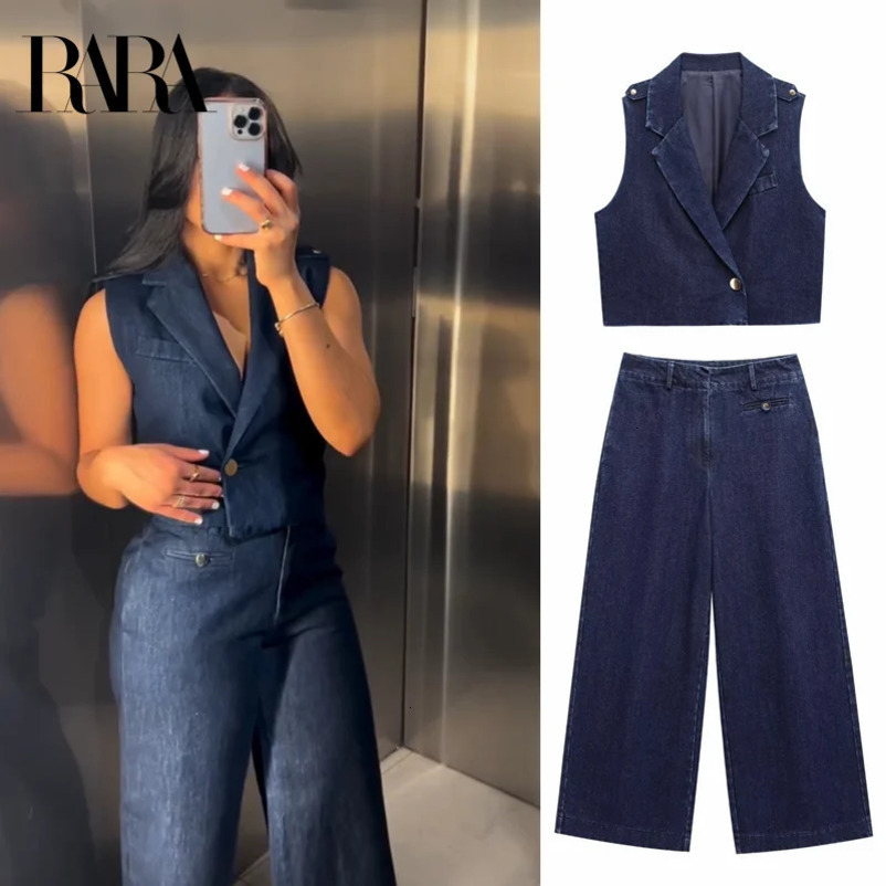 RARA Summer Womens Short Denim Tank TopStraight Wide Leg Jeans Fashionable and Unique Set 250407