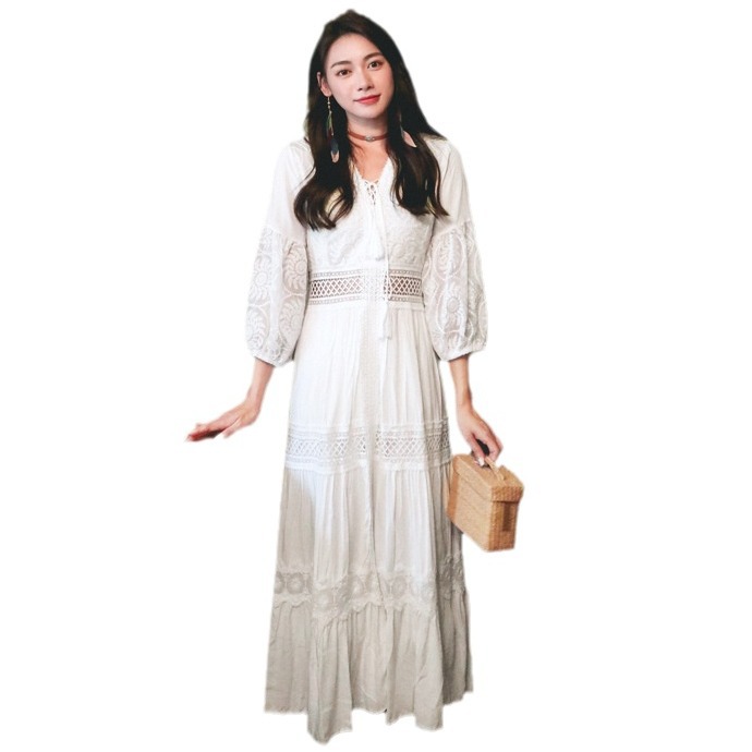 GC147 Spring and Autumn all-match ethnic style new lace holiday beach dress
