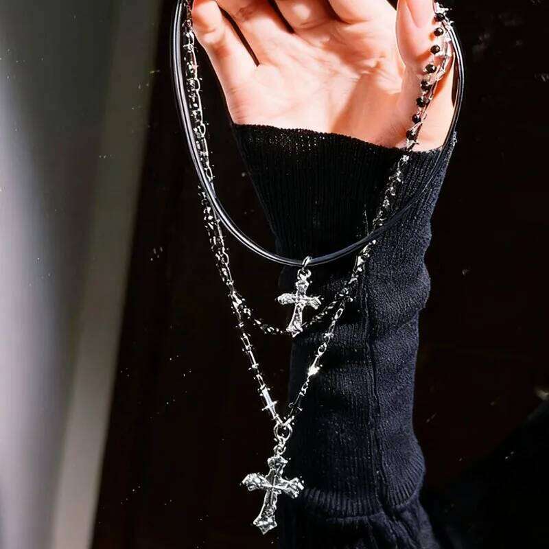Y2K Multi-Layer Cross Spicy Girl Punk Beaded Pendant Vintage Hip Hop Personalized Chain Cool Long Necklace