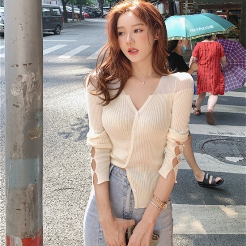 Women's tops summer new long-sleeved female ladies temperament short knit cardigan thin coat knit top 201031