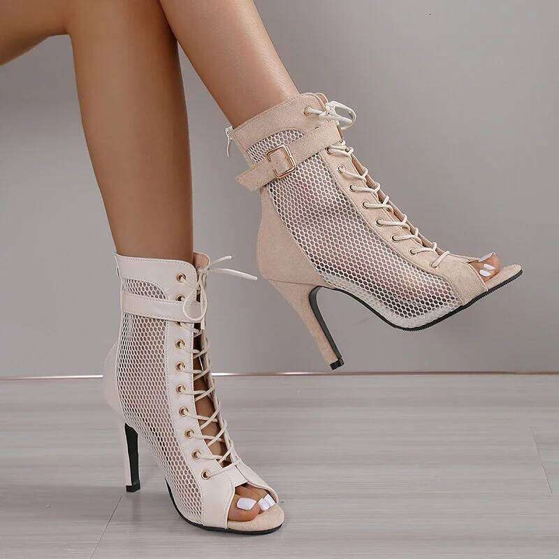 Sandals Hollowed Mesh Heels Belt Buckle Women's Summer Beige Lace-Up Sexy Open Toe Boots Stiletto Jazz Dance Party