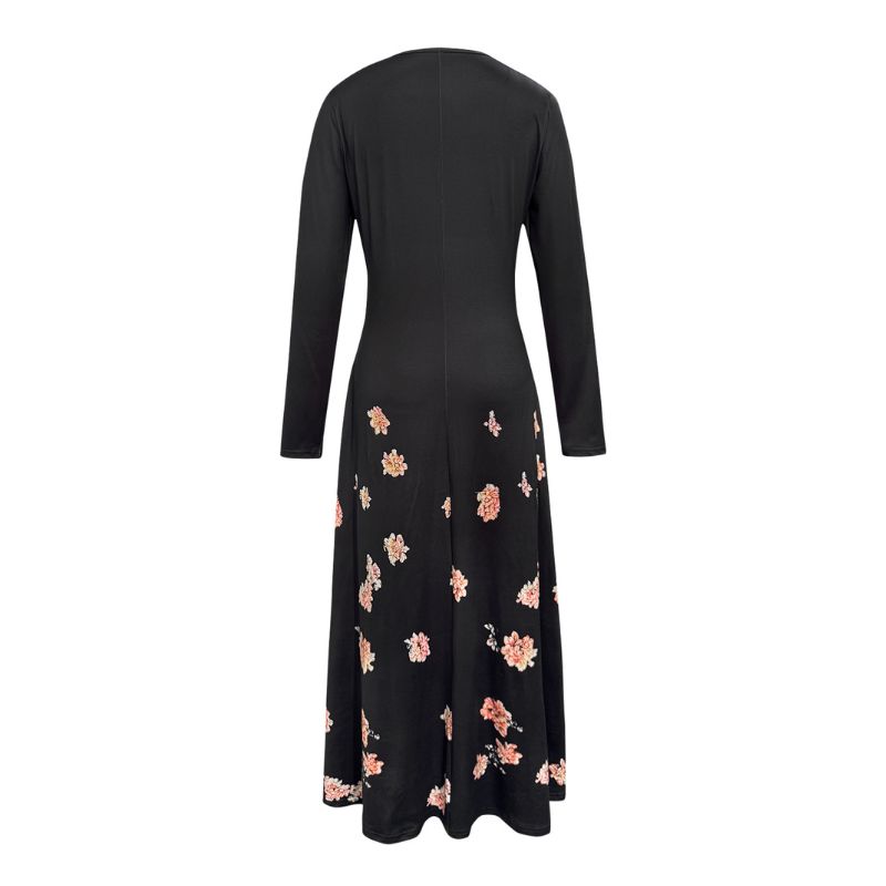 Women's Long Sleeve Floral Print A-Line Midi Dress - Milk Silk Elegant Casual Vacation Black Dress-CF52862