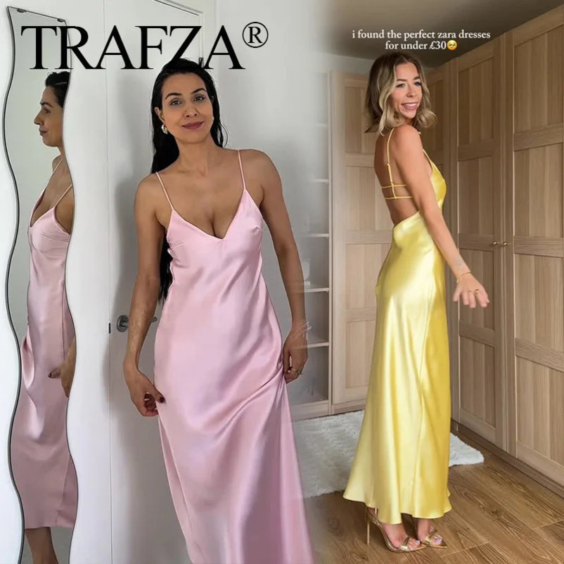 TRAFZA Summer Women VNeck Long Dress Elegant Slim Stain Pink Solid Strapless Backless For Evening Party 250611
