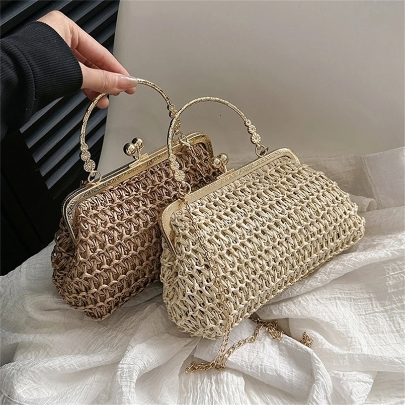 Summer Beach Straw Bags Exquisite Gold Chain Party Banquet Purse Hand Woven Handbag Female Clutch Bag Shoulder Crossbody 240822ZYl