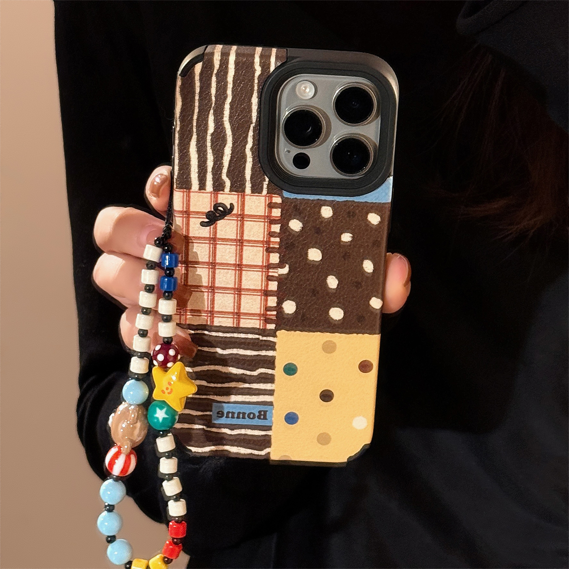 INS Polka Dot Patchwork Compatible iPhone 17 Apple 16 Phone Case 15 Pro Max Leather 14 with Chain 13