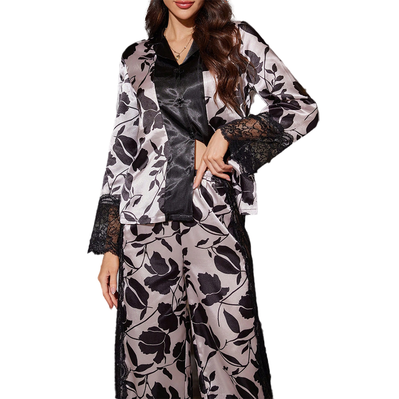 New Women's Spring/Fall Silk Satin Sexy Lace-Panel Long-Sleeve Pajama Set with Pants for Homewear