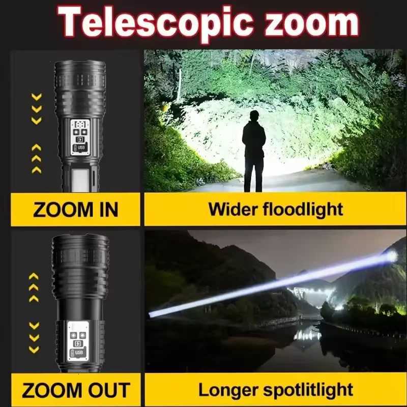 Super Big Flashlight USB Rechargeable Most Strong LED Tactical Torch Light Long Range Digital Power Display Builtin Battery D250928