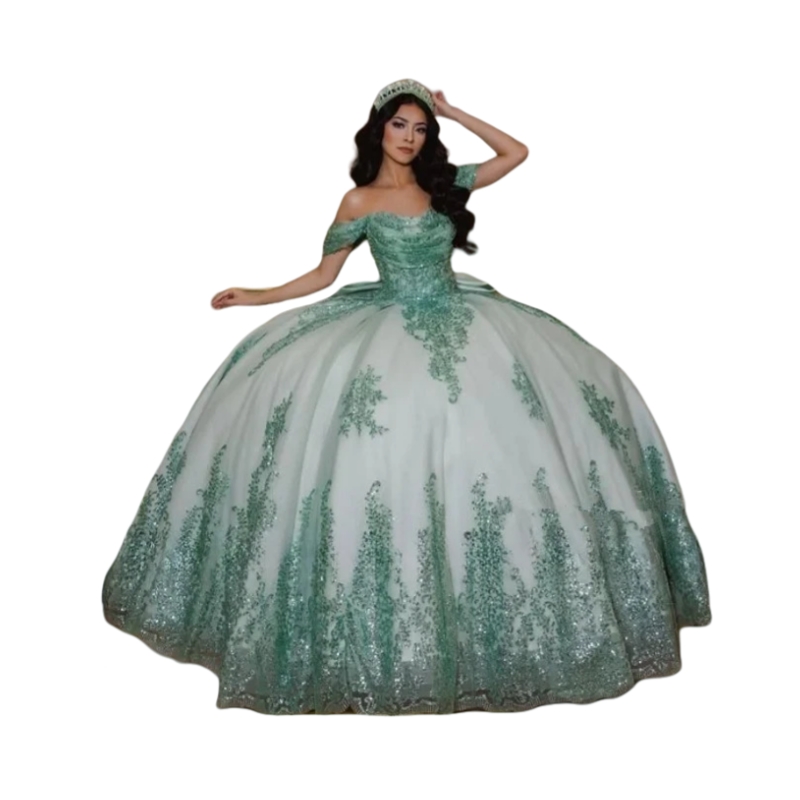 Luxurious Glitter Sequins Quinceanera Dresses With Bow Off The Shoulder Princess Boutique Party Ball Gowns Sleeveless Lace-up Chapel Train Sweet 16 Dr