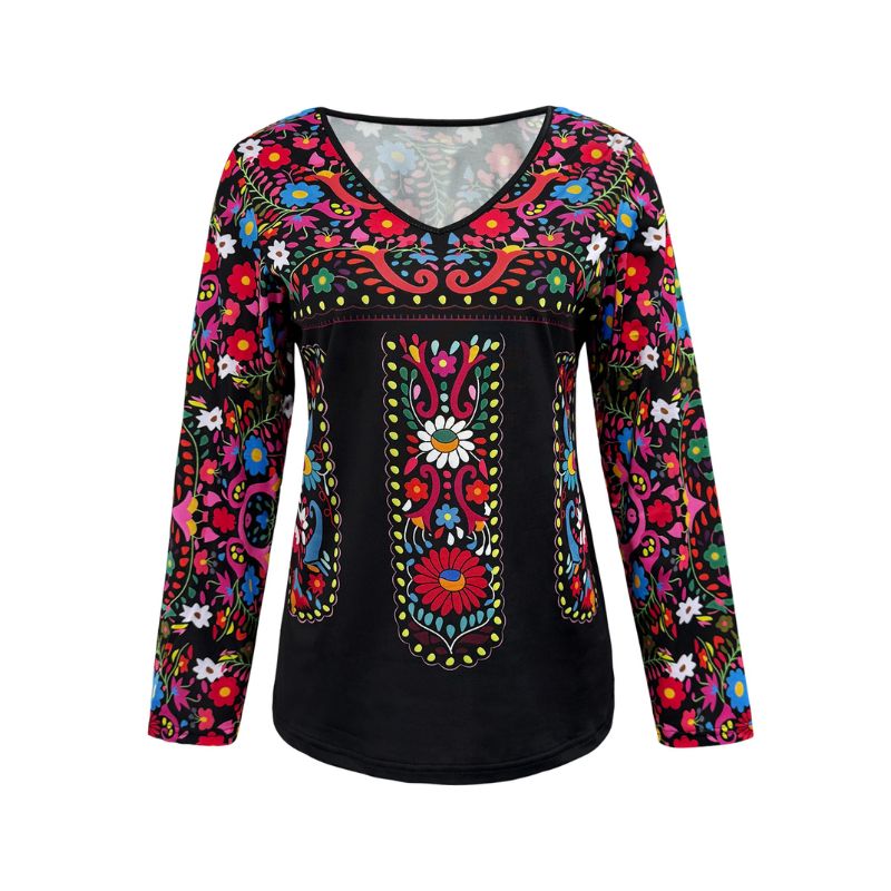 Vintage Style Womens Long-Sleeve V Neck Tee with Ethnic Flower Design for Everyday Wear-CF42394