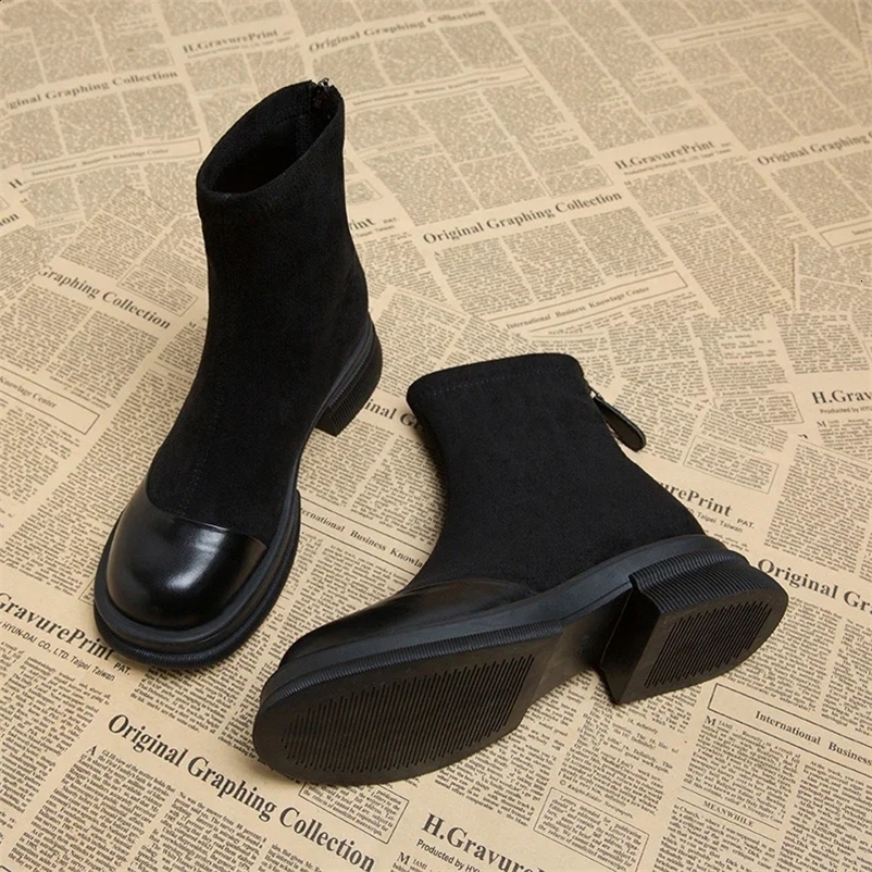 Vintage Winter Women Ankle Boots Fashion Back Zippers Short Booties er Square Low Heel Botas De Mujer241226bj