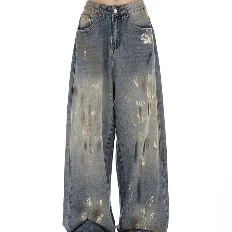 Womens Blue Jeans Harajuku Y2k Aesthetic Baggy Graffiti Denim Trousers Japanese 2000s Style Jean Pants Vintage Trashy Clothes 240626