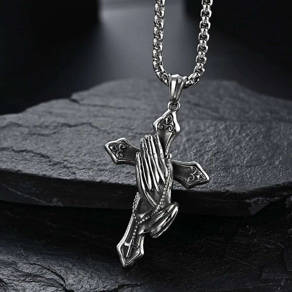Vintage Praying Hands Cross Pendant Necklace hip-hop Stainless Steel Chain Neck Accessories Hip Hop Rock Jewelry 2025 Gifts