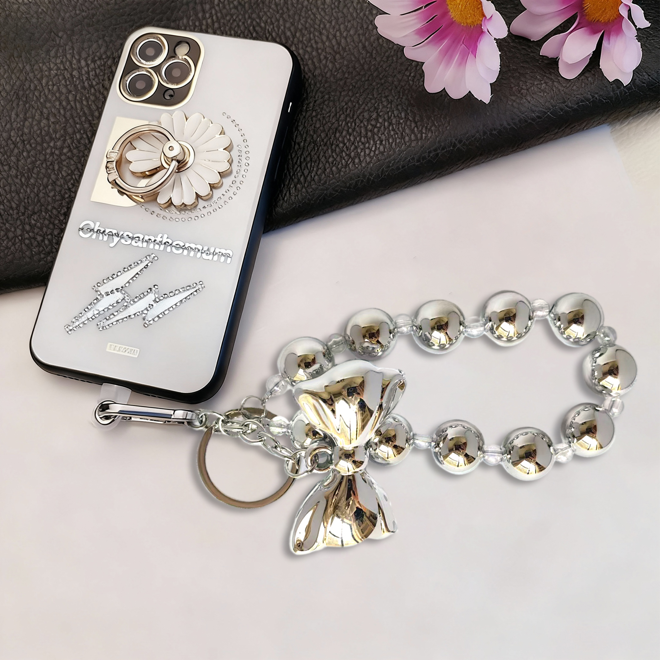 Fashionable metallic pearl bow phone charm, personalized and creatively designed