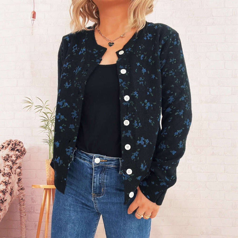 Autumn and Winter New Simple Floral Print Knitted Cardigan Commuter Round Neck Long Sleeve Jacket for Women