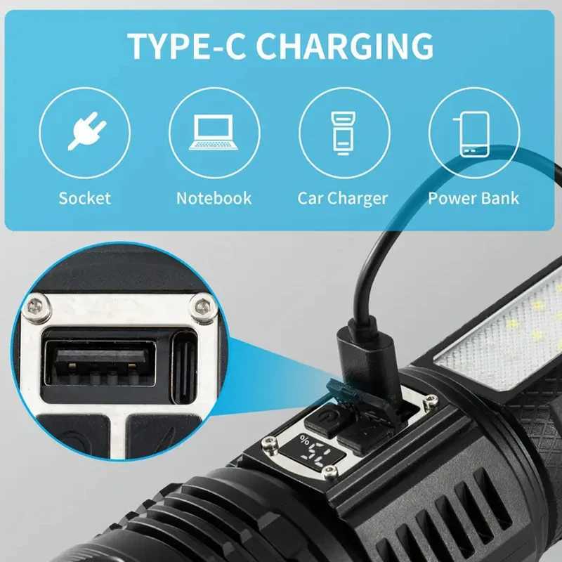 Super Big Flashlight USB Rechargeable Most Strong LED Tactical Torch Light Long Range Digital Power Display Builtin Battery D250928