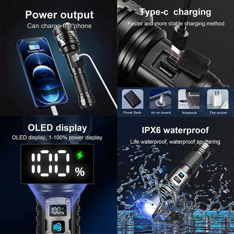 10000000LM Powerful LED Flashlight Super Bright USB Rechargeable Waterproof Tactical Torch Outdoor Camping Fishing Zoom Lanterns D250928