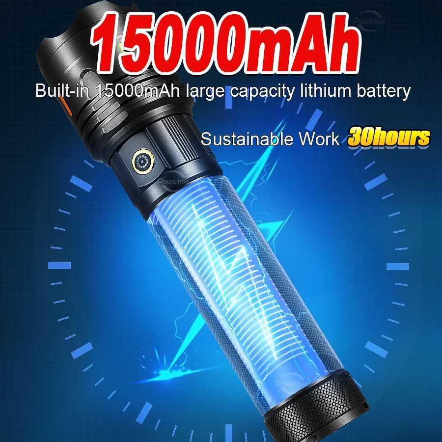 15000mAh Super Big Flashlight USB Rechargeable 6000M Most Strong LED FlashLight Long Range Torch Zoom Outdoor Camping Lantern D250928