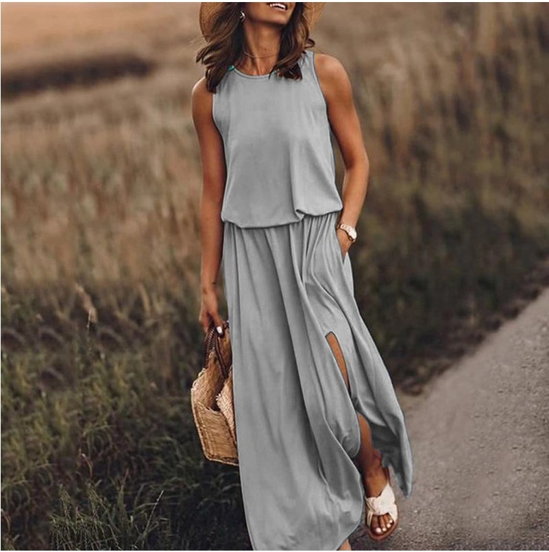 (868) New Holiday Style Solid Color Round Neck Sleeveless Sling Lantern Split Dress