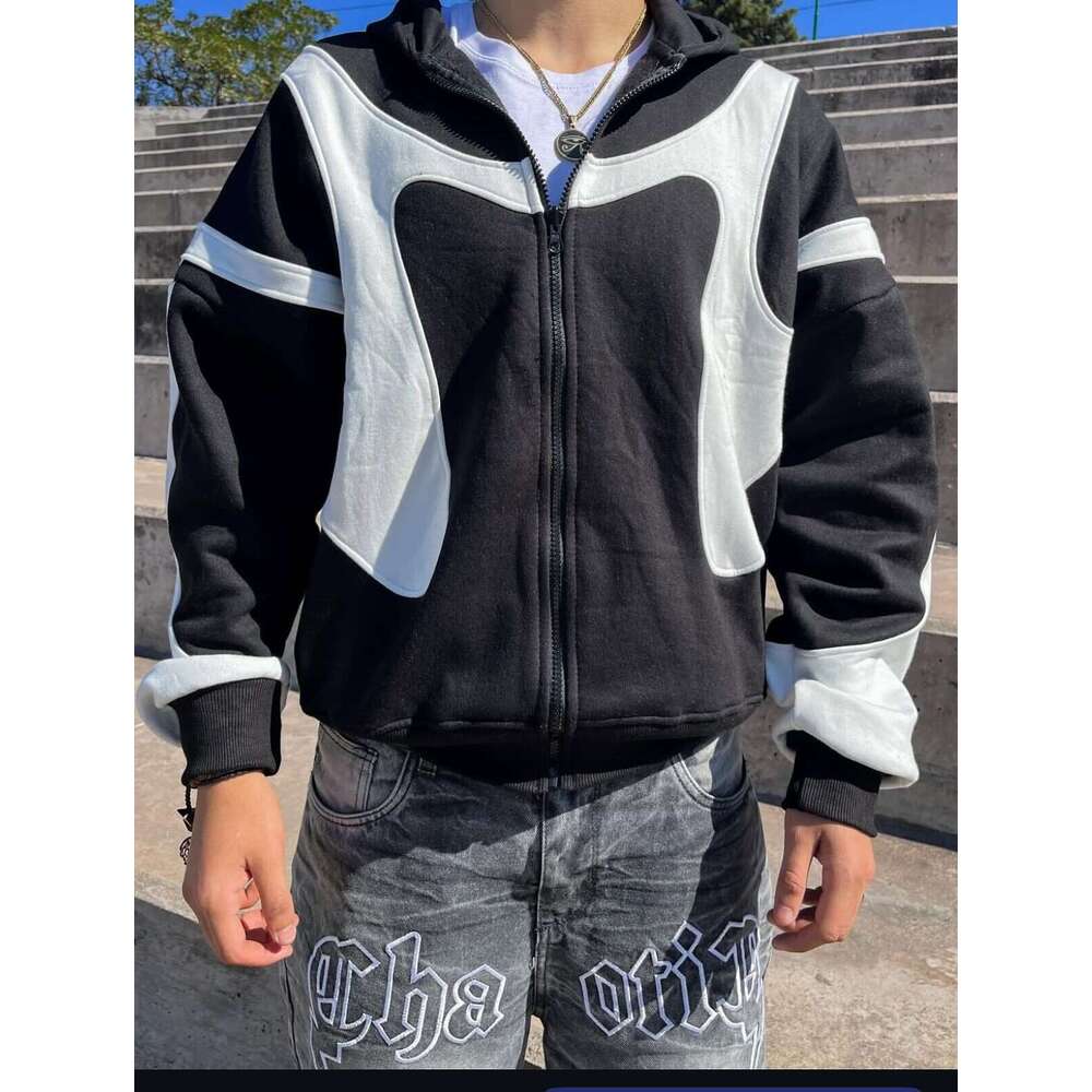 Winter New Color-Block Patchwork Hooded Sweatshirt Men's Fashion Casual Zipper Cardigan Jacket