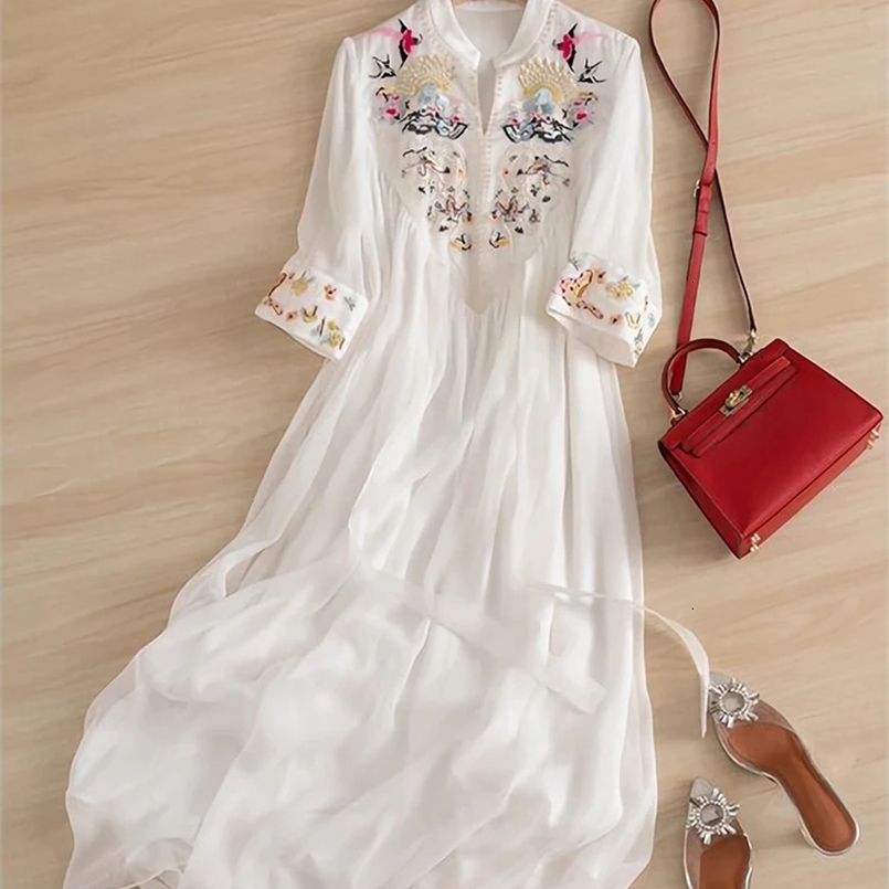 Chinese Style Embroidery Chiffon Dress National Art Chic Women Summer White Loose Casual Ethereal Pleated Long Dresses 250322