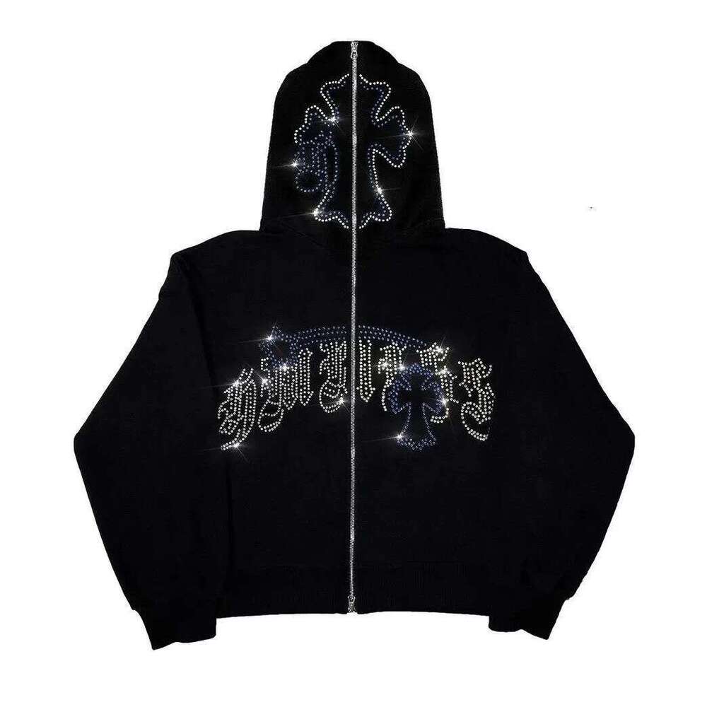 Printed Rhinestone Hooded Cardigan Zipper Loose Unisex Trendy Sweatshirt Jacket