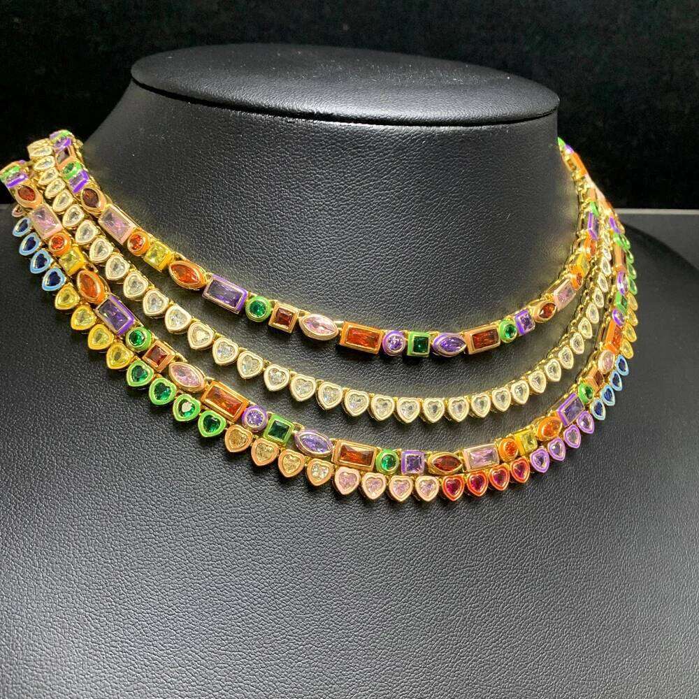 2025 Colorful Rainbow Enamel Geometric Round Square Eye Rectangle Shape Tennis Chain Bracelet Necklace For Women Fashion Jewelry