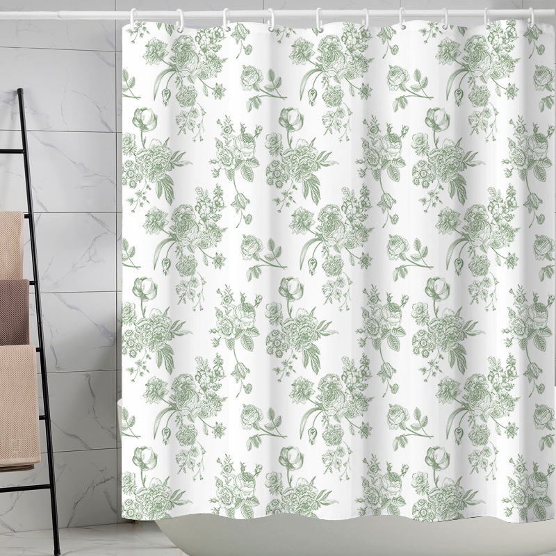 YL-37282 Tropical green leaf print shower curtain bathroom curtain waterproof and mildew proof partition curtain free punching hanging curtain