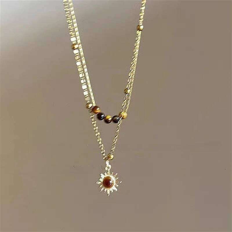 Vintage Leather Brown Stone Pendant Necklace Women's Retro Stacking Choker Temperament Clavicle Chain Hip Hop Jewelry Accessory