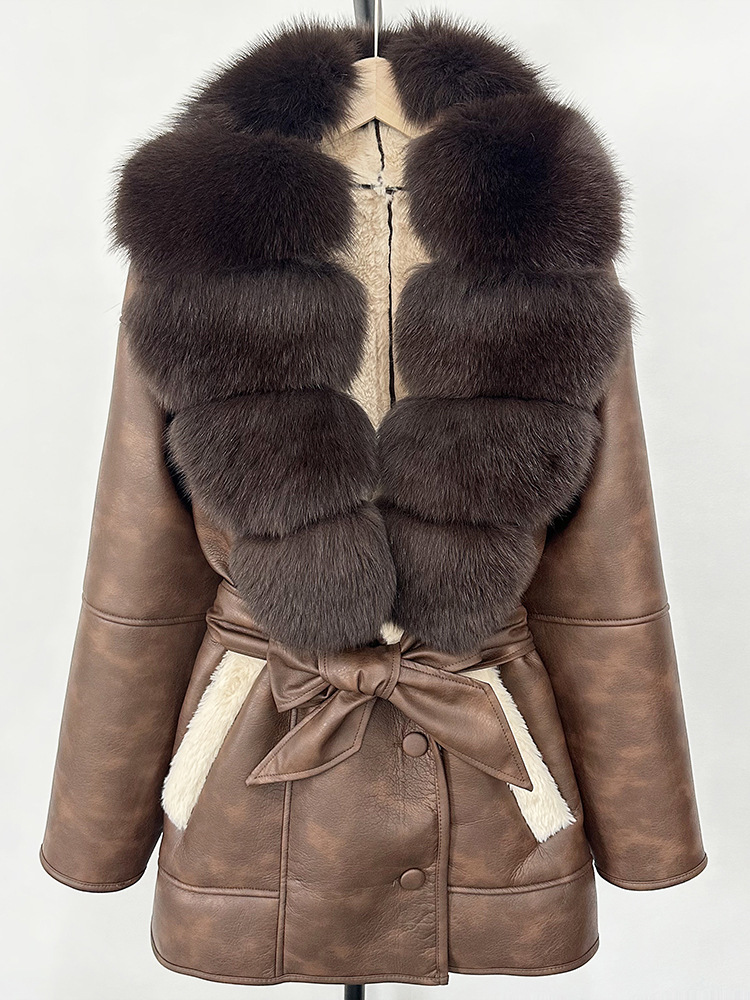 Womens Fur Collar Leather Jacket - European & American Designer Style with High-Waist Cinch