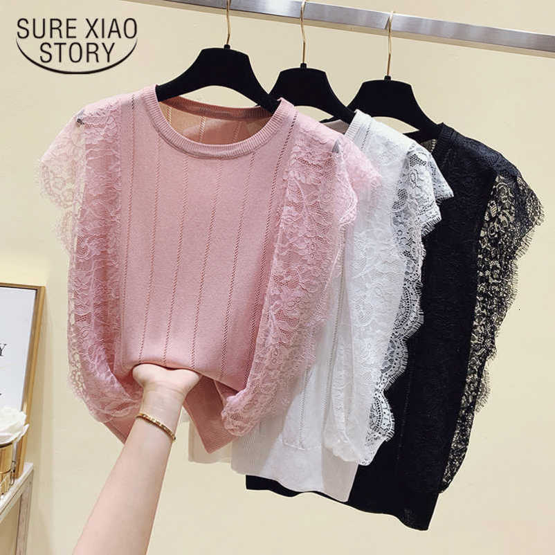 Spring Summer Korean Women Mesh Shirt Sleeveless O-Neck Lace Knitted Patchwork Tops Chic Solid Hollow Out Clothes Blusas 13635 210528wtt