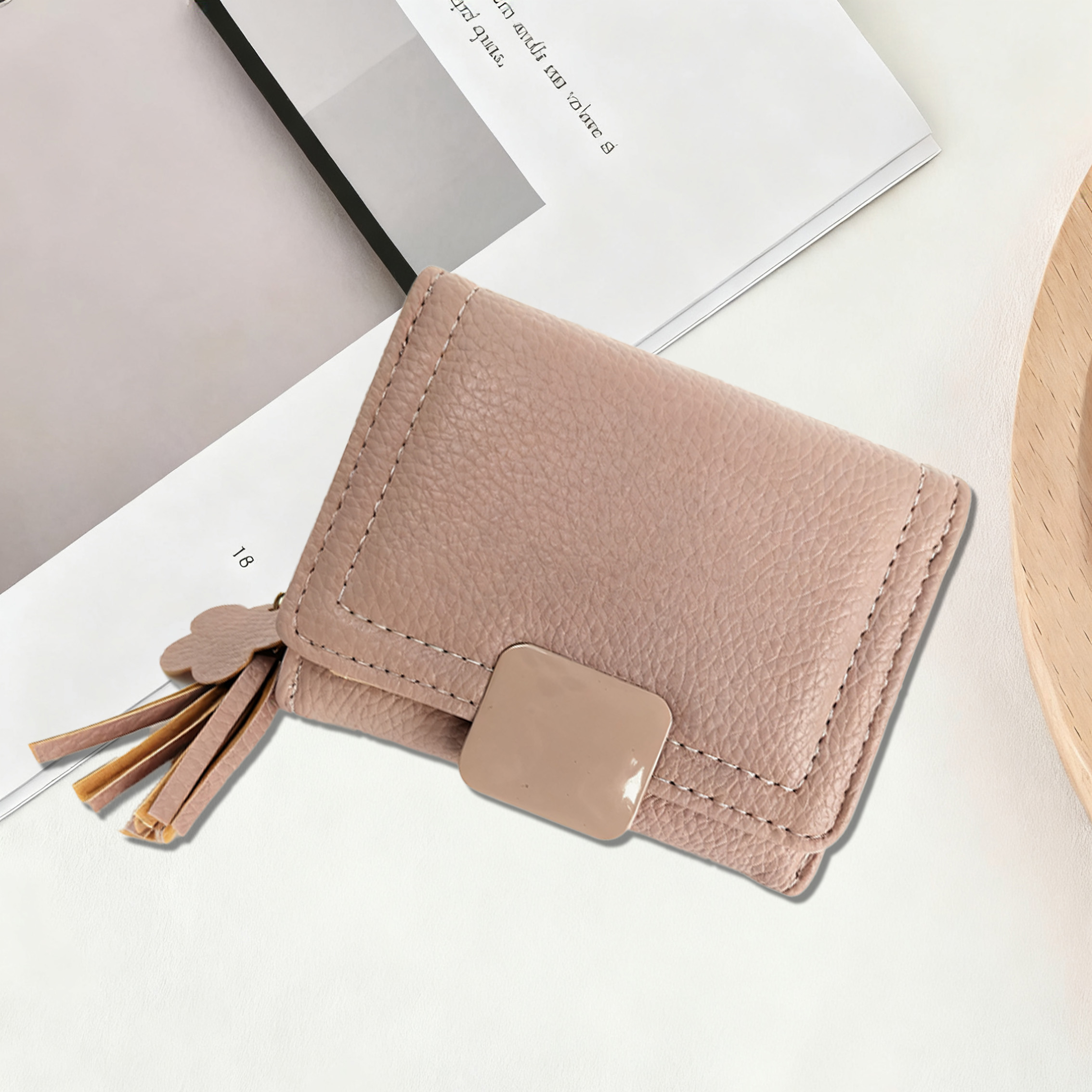 Wallets Women's Minimalist Short Zipper Wallet with Tassel, Beige Textured Leather Compact Purse for Daily Essentials A3HL