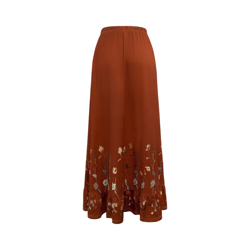 Women's Spring Summer Floral Print Ruffled Hem Midi Skirt - Elegant Vacation Light Brown Skirt-CF52851