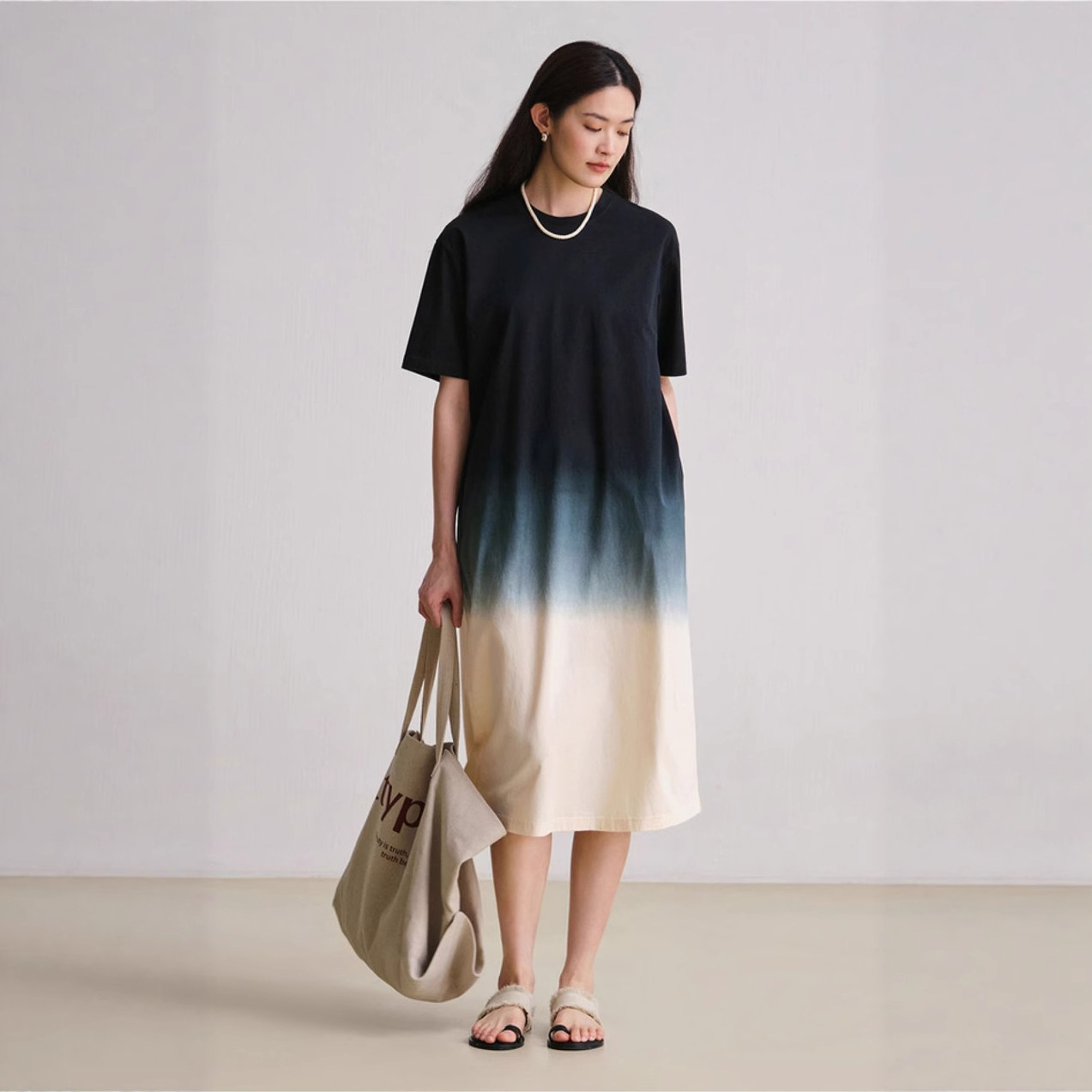 T280719 White dress new style hanging dye gradient retro dress literary leisure pure cotton loose long skirt female