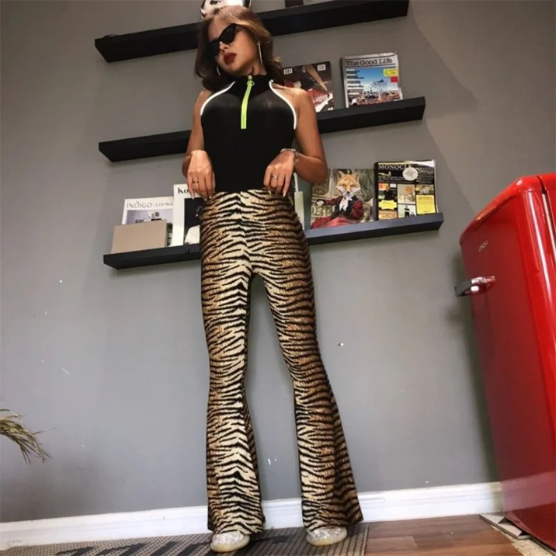 Europe America Autumn and Winter Womens Leopard Trousers Flared Pants Ladies Sweatpants with High Waist Long Legs 250306