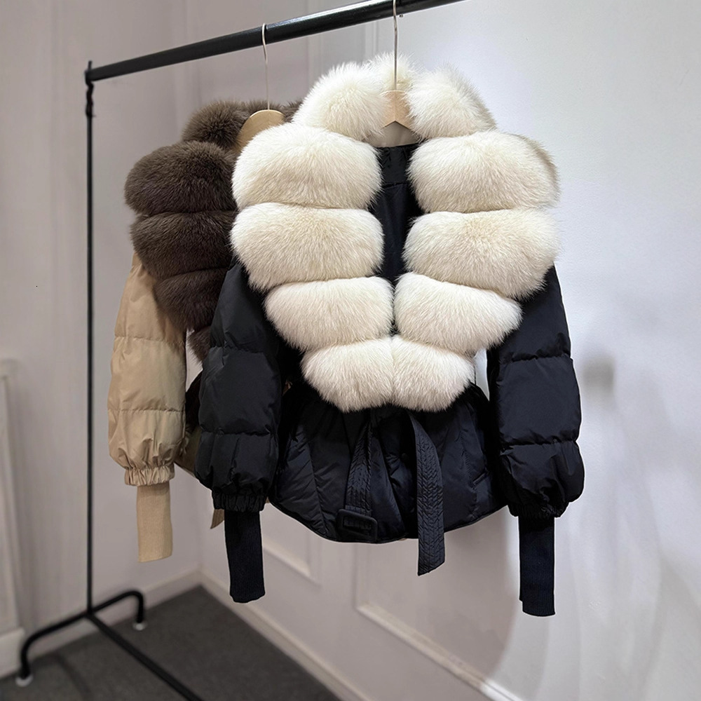 2025 Dongdaemun New Style Knitted Sleeve Belt Fashion Women's Short Down Jacket with Fox Fur Collar