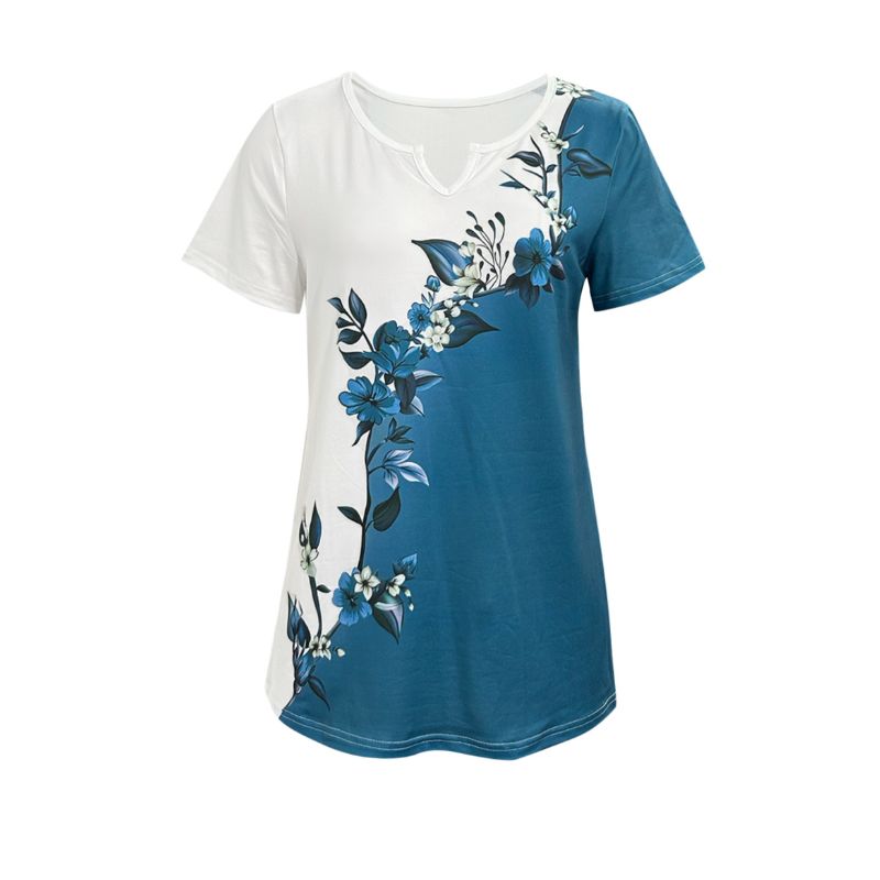 Women's Short Sleeve Notch V-Neck Floral Print Color Block Top - Summer Casual Homewear T-Shirt-CF50256