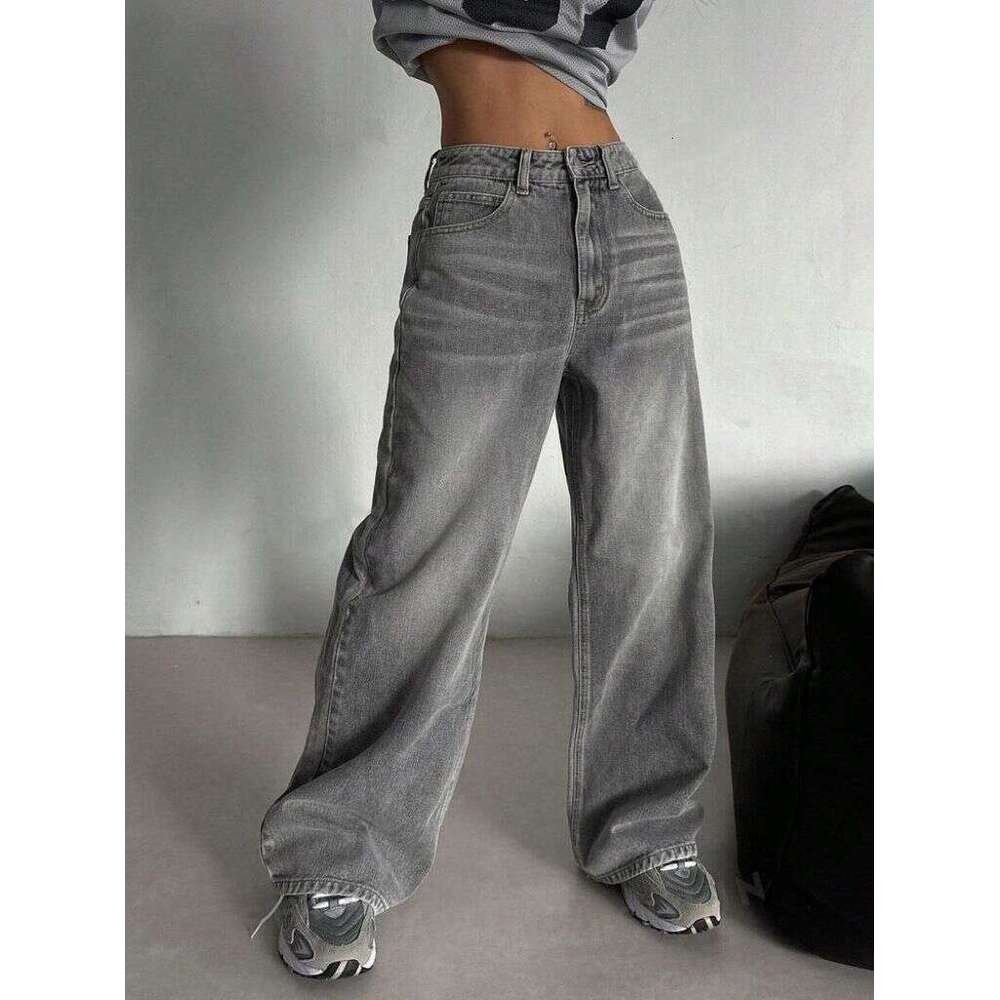Women's Clothing Street Retro Smoky Gray Washed Jeans Autumn And Winter High Waist Loose Wide Leg Mopping Pants