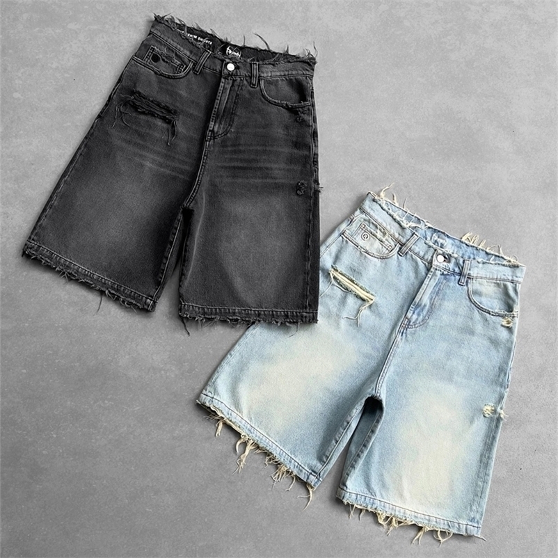 Men Women Summer Hip Hop Ripped Hole Denim Shorts Y2k Black Punk Wash Baggy Work Vintage Raw Edge Casual Jorts Streetwear 250103Z