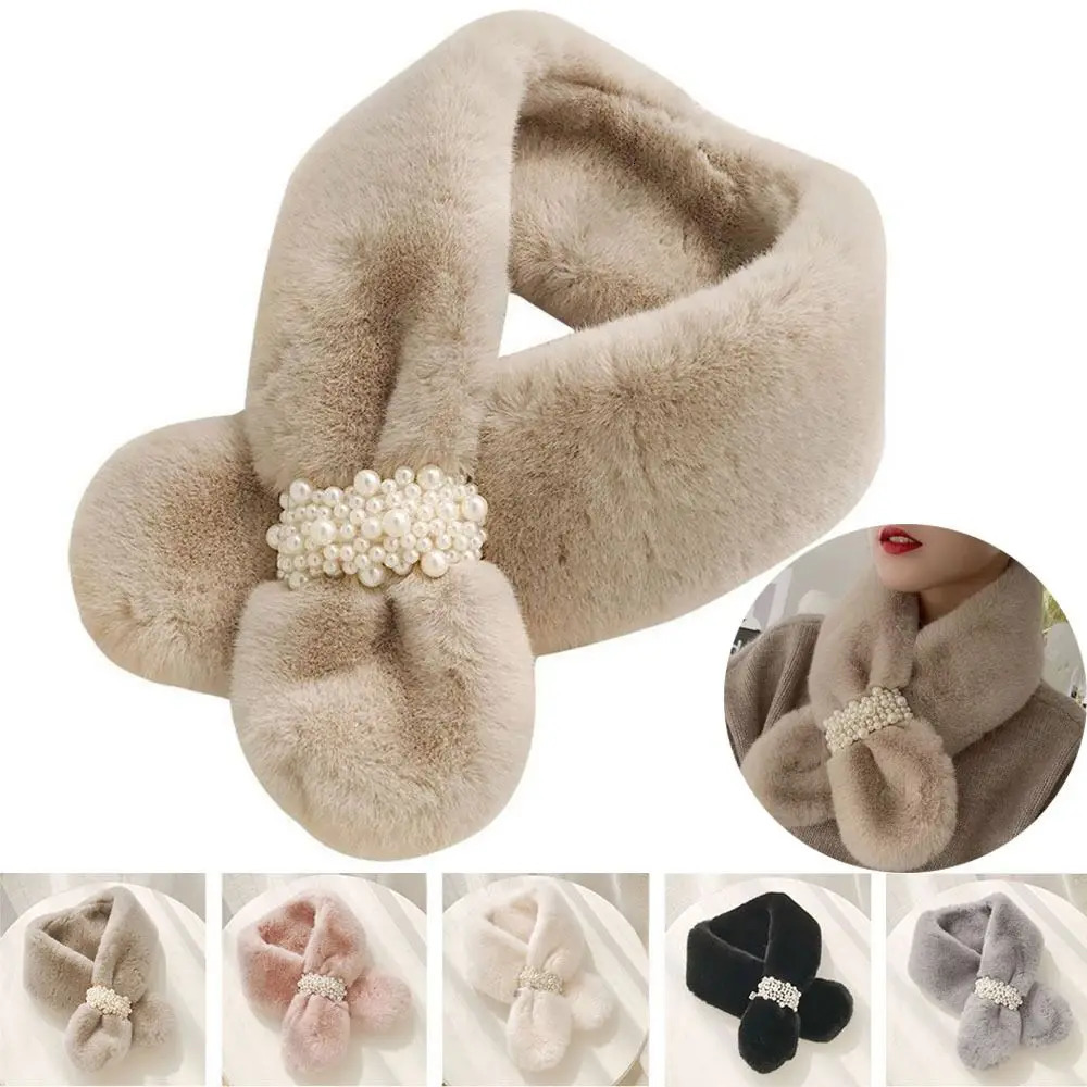 Women Winter Warm Thicken Elegant Pearl Cross Collar Scarf Solid Color Faux Rabbit Fur Plush Elegant Shawl Scarfs 250928