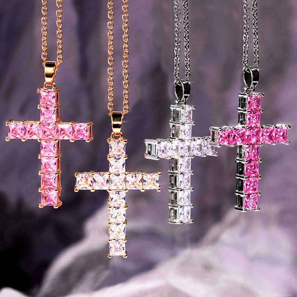 Fashion Crystal Jesus Cross Pendant Men Women Gold Multi Color Punk Hip Hop Catholic Amulet Necklace Female Jewelry