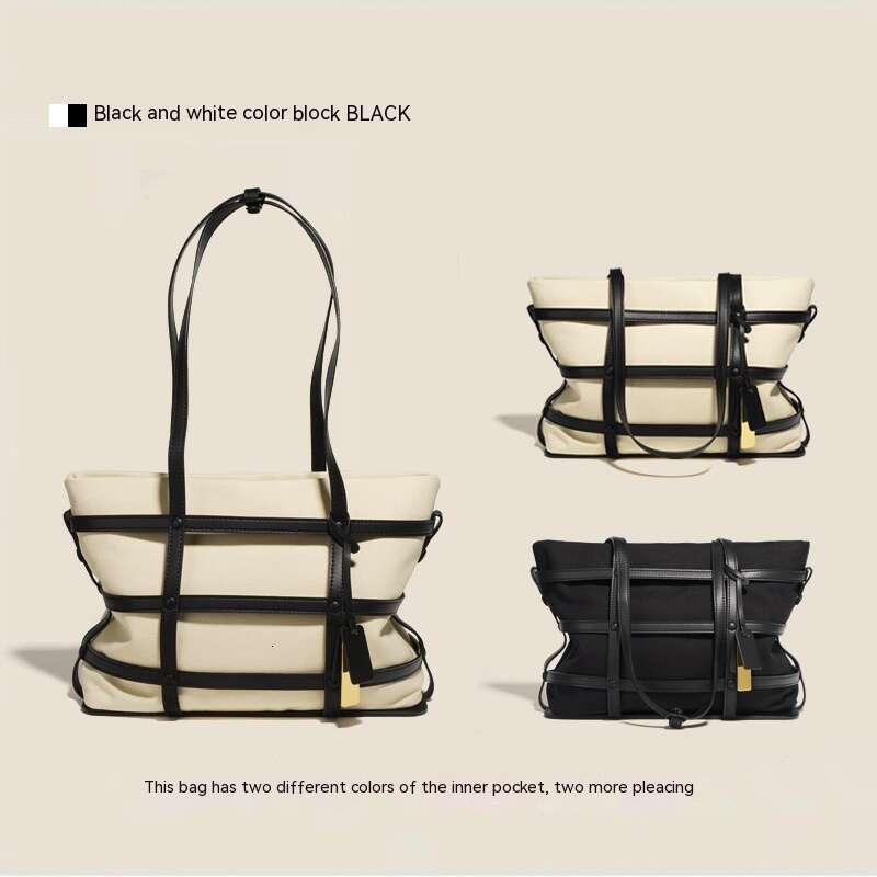 Niche Design Casual Tote Women's New Fashionable and Trendy High-end Leather Woven Canvas Shoulder Bag