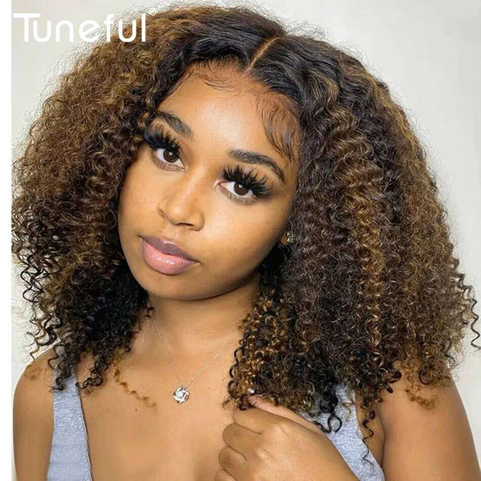 10A 6X5 Glueless Lace Colored Human Hair Wigs Ready To Wear And Go Short Kinky Curly Ombre Highlights Brown Color Wig Xiusiyuan2509
