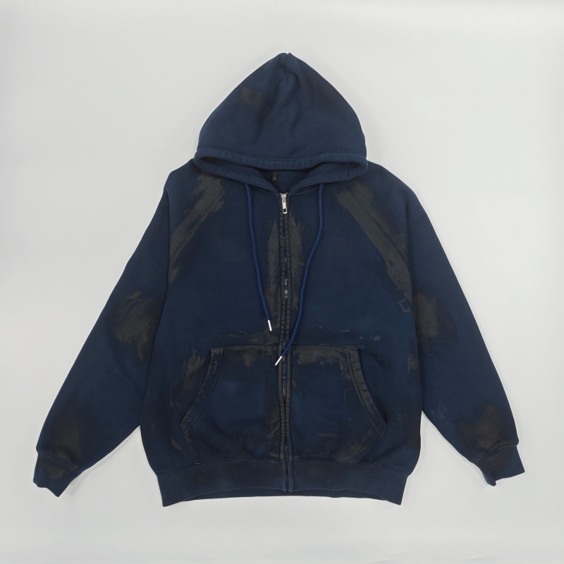 Distressed Printed Zip-Up Hoodie - Spring & Autumn American Retro Casual Jacket, Unisex, Customizable Pattern-03002