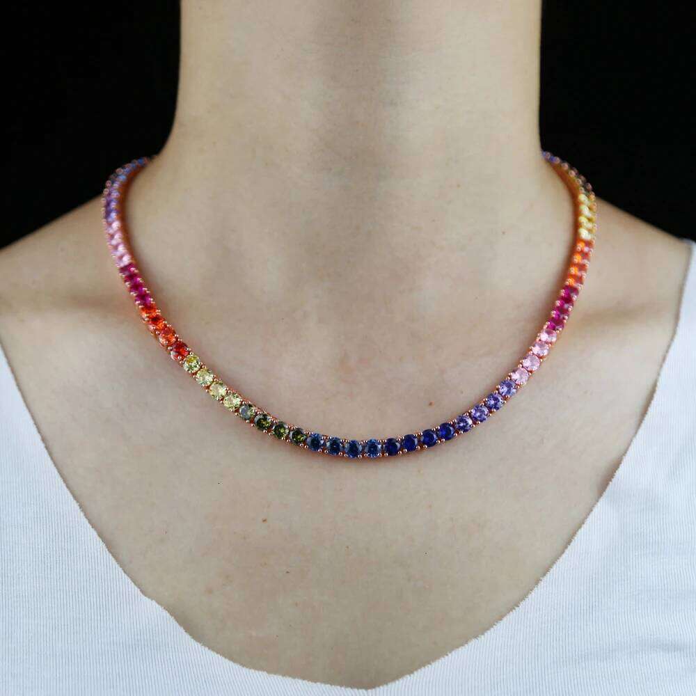 2025 New Iced Out Bling 16" 18" Rainbow Colorful Cubic Zirconia CZ 5mm Tennis Chain Women Men Charm Choker Necklace Jewelry Gift