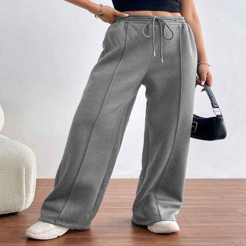 Women Wide Leg Sweetpants Winter Thick Casual Pants Straight Elastic Waist Drawstring Fitness Joggers Travel Basic 250106