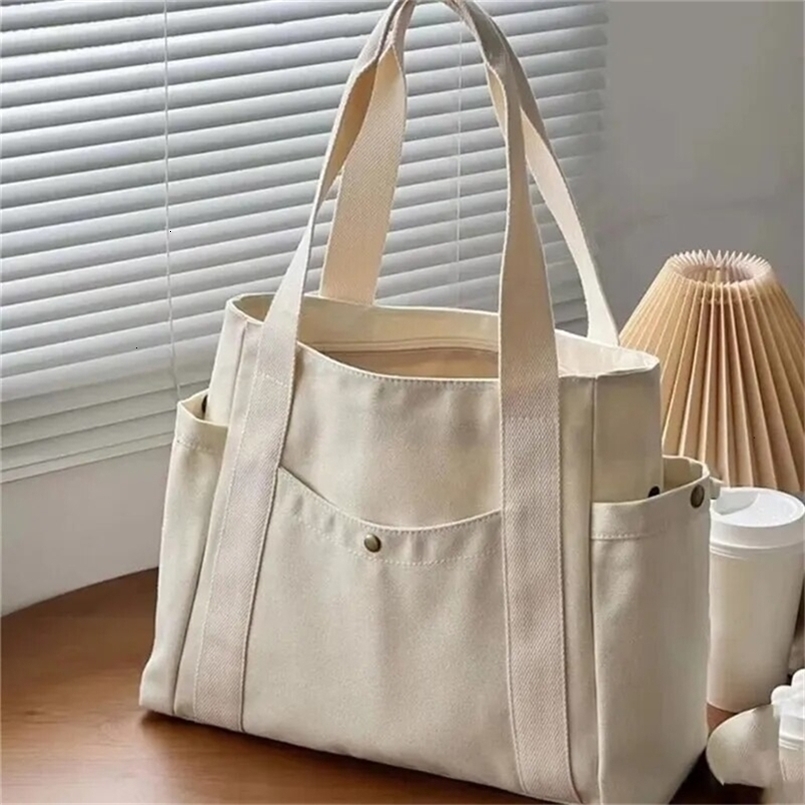 Canvas Bag Large Capacity Multiple Outer Pocket Zipper Shoulder Student Handbag Shopping y240914ZYl