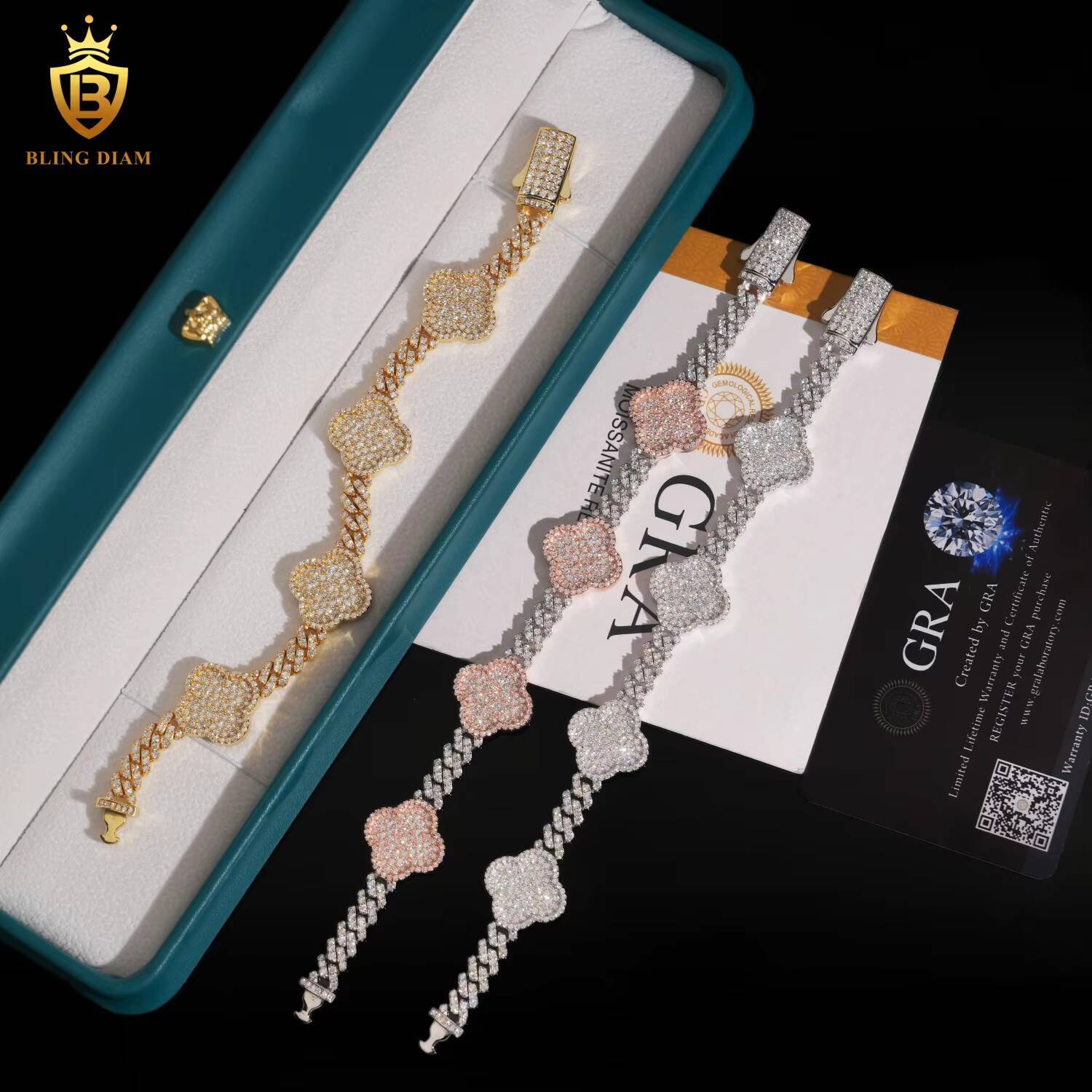 Luxury Charms Bangle Jewelry 6mm 925 Sterling Silver in Rose Gold Vvs Moissanite FourLeaf Clover Bracelets for Men Women