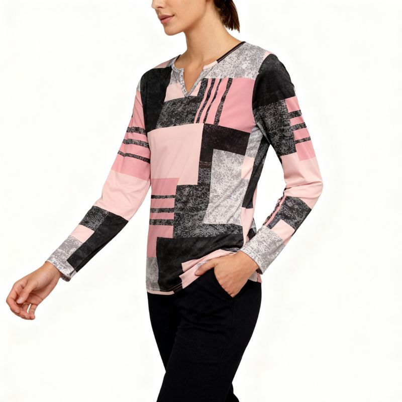 Women's Long Sleeve Notch V-Neck Geometric Plaid Print Top - Vintage Autumn Winter Casual Versatile Pink T-Shirt-CF40571