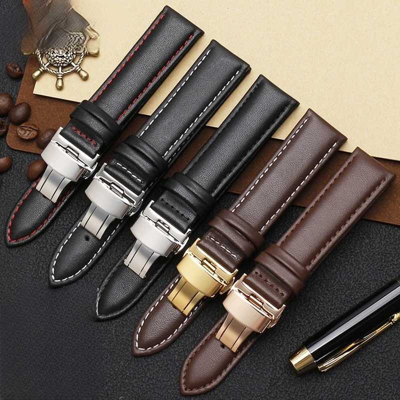 Smooth Genuine Calfskin Leather Watchband 18mm 19mm 20mm 21mm 22mm 23 Soft Straps Automatic Butterfly Buckle Business Watch Band W250928